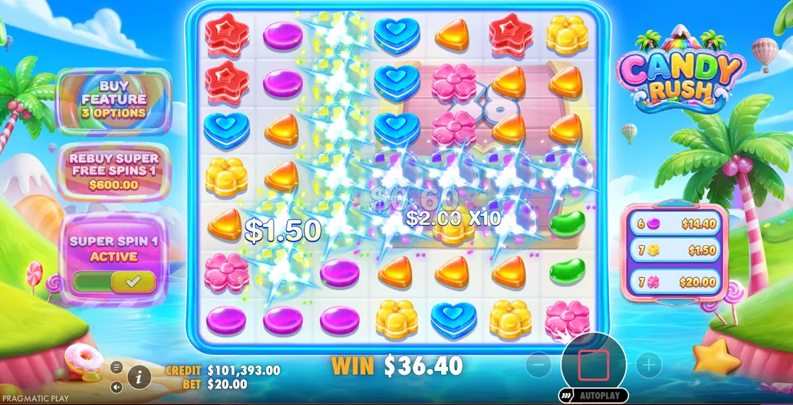 Candy Rush Buy Feature панел током Super Spin рунде са кластерима који пуцају на зони x8