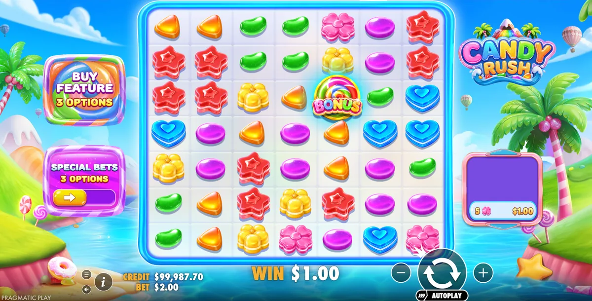 Candy Rush слот са мрежом 7x7, бомбонама и Bonus скатер симболом