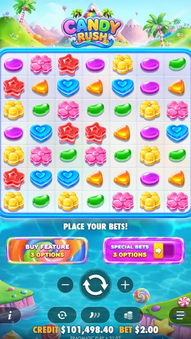 Candy Rush на телефону у усправном приказу са контролама улога испод мреже