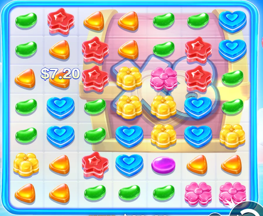Candy Rush Multiplier Underlay зона са ознаком x8 испод симбола бомбона