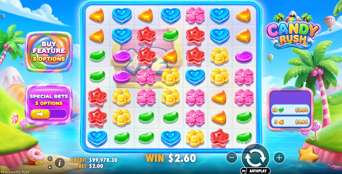 Candy Rush основна игра са Multiplier Underlay ковчегом испод мреже 7x7