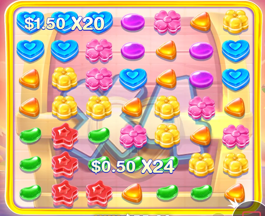 Зона преко целе мреже са добицима x20 и x24 у режиму Candy Rush Super Free Spins